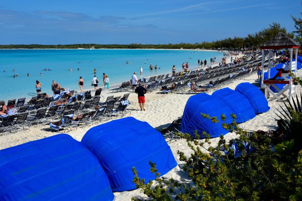 Clamshell Sunshades on Beach at Half Moon Cay, The Bahamas - Encircle Photos