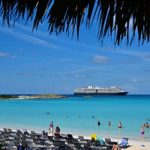 Loungers along Beach and Lagoon at Half Moon Cay, The Bahamas - Encircle Photos