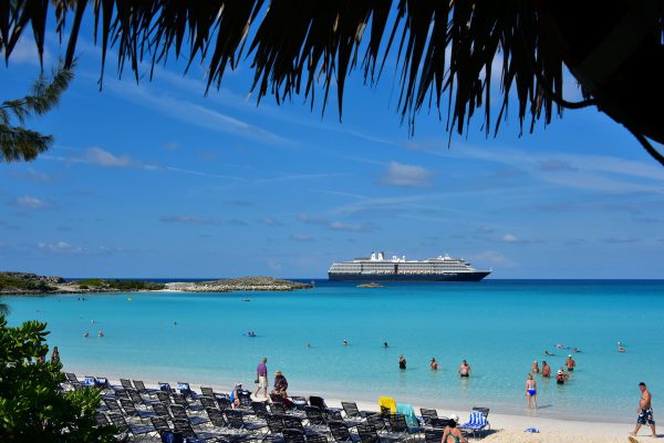 Loungers along Beach and Lagoon at Half Moon Cay, The Bahamas - Encircle Photos