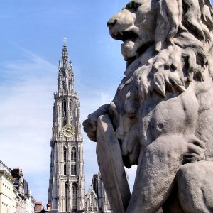 Lion Statue and Cathedral of Our Lady in Antwerp, Belgium - Encircle Photos