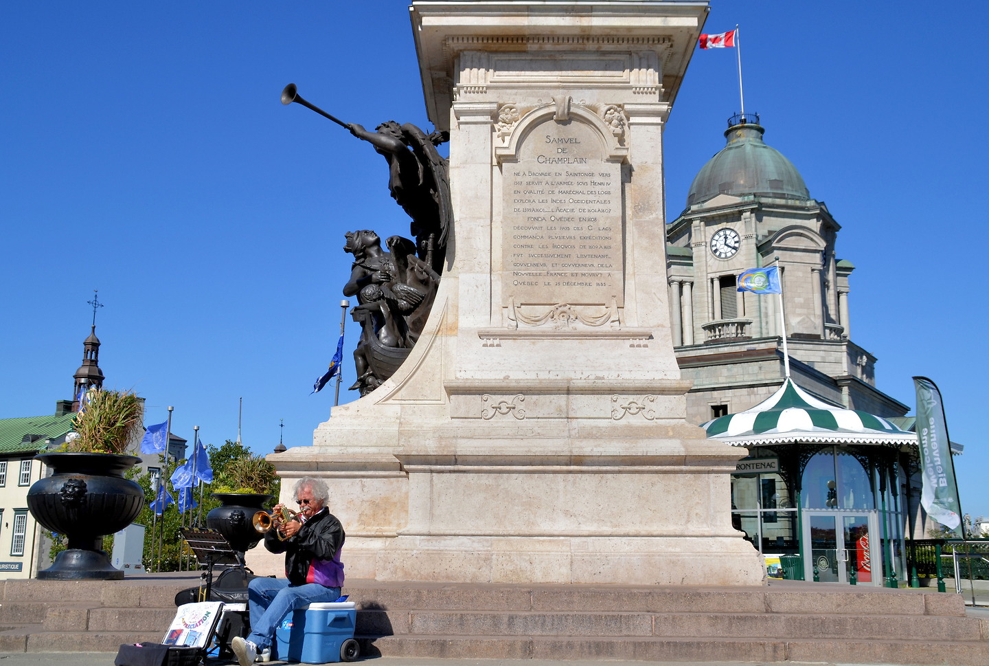 Trumpet Player below Samuel de Champlain Monument Quebec City, Canada ...
