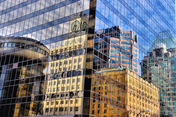 Reflection of Vancouver Clock Tower at Granville and Broadway in Vancouver, Canada - Encircle Photos