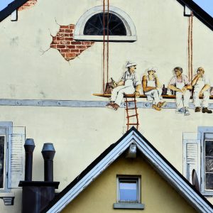 Four Painters Eating Lunch Trompe l’oeil Mural in Baden-Baden, Germany - Encircle Photos