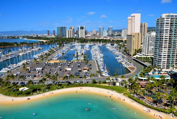 Aerial View of Ala Wai Harbor and Downtown in Honolulu, O’ahu, Hawaii - Encircle Photos