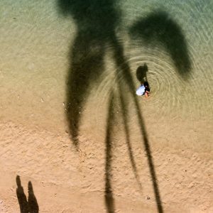 Parents and Child at Beach with Palm Tree Silhouette in Honolulu, Oahu, Hawaii - Encircle Photos