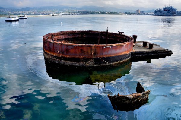 USS Arizona Mast and Oil Slick at Pearl Harbor near Honolulu, O’ahu, Hawaii - Encircle Photos
