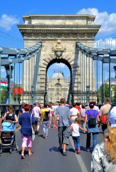 People Crossing Chain Bridge in Budapest, Hungary - Encircle Photos