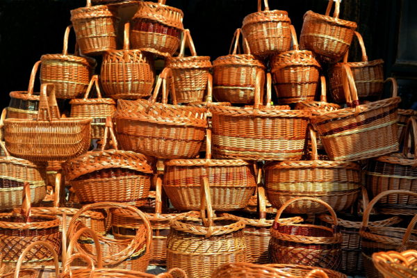 Wicker Baskets on Display at Outdoor Market in Eger, Hungary - Encircle Photos