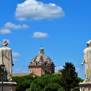 Castor and Pollux Statues with Church of the Cesù Dome in Rome, Italy - Encircle Photos