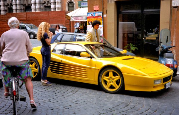 Yellow Ferrari 1994 F512M Attractive Man and Woman in Rome, Italy - Encircle Photos