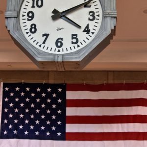 South Station Clock and US Flag in Boston, Massachusetts - Encircle Photos