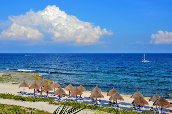 Thatched Umbrellas and Chaises on Beachfront at Riviera Maya, Mexico - Encircle Photos