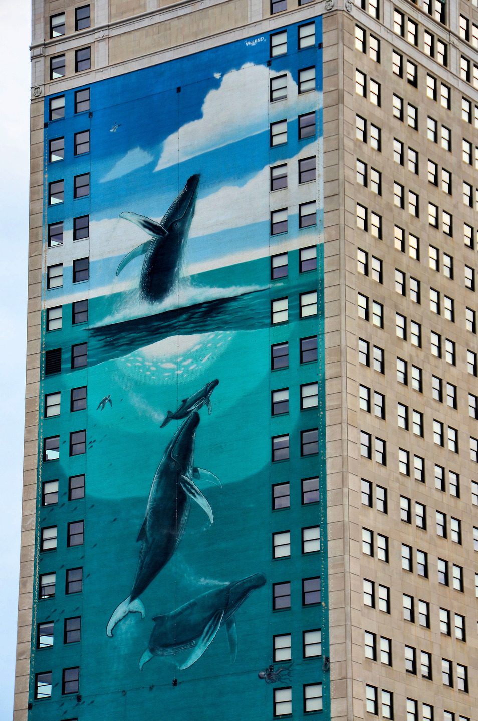 Humpback Whale Mural on Broderick Tower by Wyland in Detroit