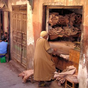 Undyed Leather Merchant in Marrakech, Morocco - Encircle Photos