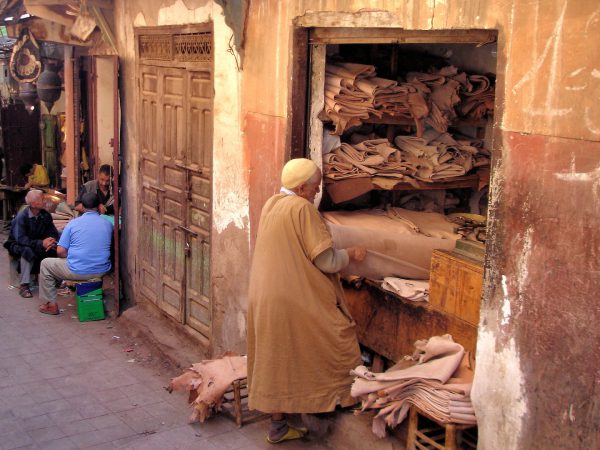 Undyed Leather Merchant in Marrakech, Morocco - Encircle Photos