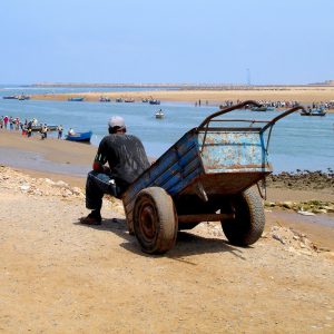Exhausted Worker Sits on Wheel Barrow on Bou Regreg River in Salé, Morocco - Encircle Photos