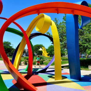 Little Girl Walking in Park Beside Colorful Abstract Art in Omaha, Nebraska - Encircle Photos