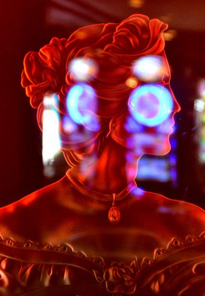 Red Woman Etched Glass with Reflections from Faces on the Strip at Las Vegas, Nevada - Encircle Photos