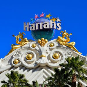 Harrah’s Two Gilded Jester Sculptures on Marquee in Las Vegas, Nevada - Encircle Photos