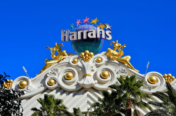Harrah’s Two Gilded Jester Sculptures on Marquee in Las Vegas, Nevada - Encircle Photos
