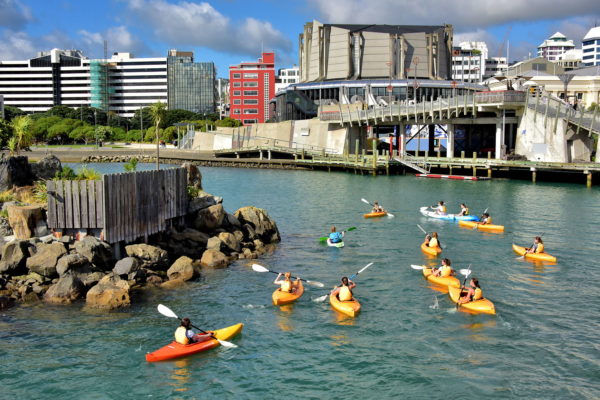 Kayakers on Whairepo Lagoon in Wellington, New Zealand - Encircle Photos