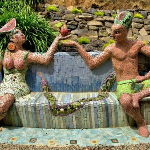 Adam and Eve Sculptures at Giant’s House in Akaroa, New Zealand - Encircle Photos