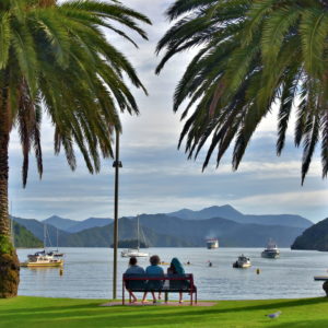 Women Relaxing Harborside in Picton, New Zealand - Encircle Photos