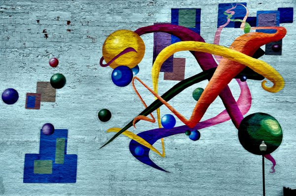 Colorful Abstract Figures Mural Called Stage Left in Lock 3 Park in Akron, Ohio - Encircle Photos