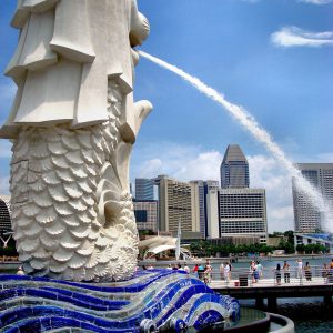 Water Spouting from Merlion Statue in Merlion Park, Singapore - Encircle Photos