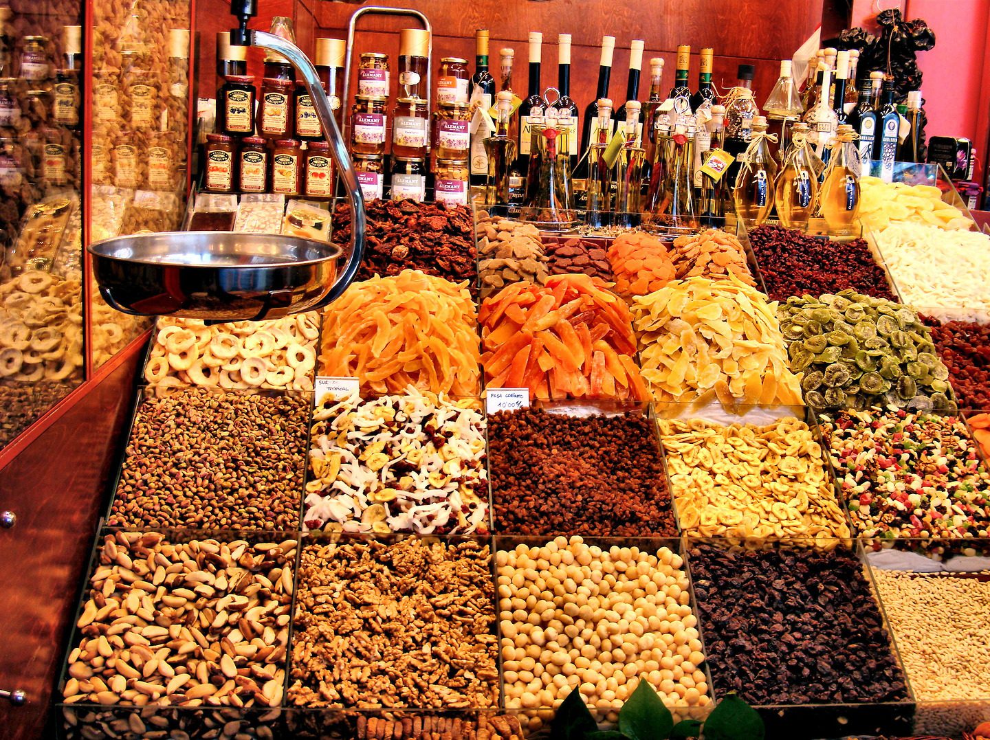 Mixed Dried Fruit, Nuts, Grains and Olive Oil at La Boqueria Market in