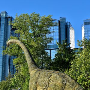 Diplodocus Dinosaur Roaming among Skyscrapers in Gothenburg, Sweden - Encircle Photos