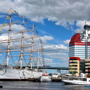 Lipstick Building and Barken Viking Ship in Gothenburg, Sweden - Encircle Photos