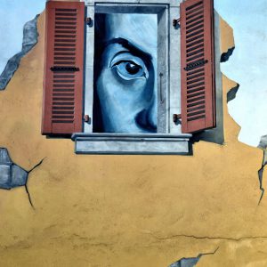 Large Face Looking Out Window Mural in Nyon, Switzerland - Encircle Photos