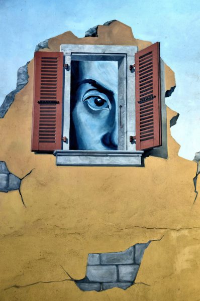 Large Face Looking Out Window Mural in Nyon, Switzerland - Encircle Photos