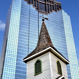 St. John Church Steeple and Heritage Plaza Building in Houston, Texas - Encircle Photos