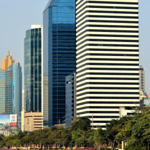 Skyscrapers along Benjakitti Park Lake in Bangkok, Thailand - Encircle Photos
