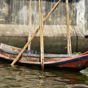 Wood Canal Boat Tied To Bamboo Stalks in Bangkok, Thailand - Encircle Photos