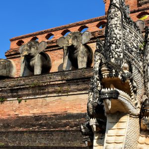 Elephants and Naga on Chedi at Wat Chedi Luang in Chiang Mai, Thailand - Encircle Photos