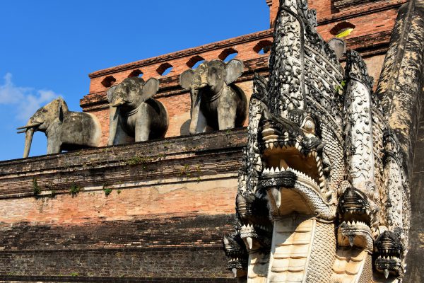 Elephants and Naga on Chedi at Wat Chedi Luang in Chiang Mai, Thailand - Encircle Photos