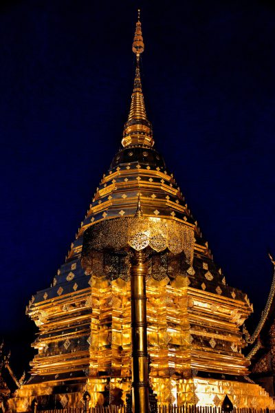 Golden Chedi at Nighttime at Wat Doi Suthep in Chiang Mai, Thailand - Encircle Photos