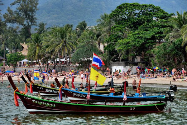 Three Longtail Boats Anchored at Kata Beach in Phuket, Thailand - Encircle Photos