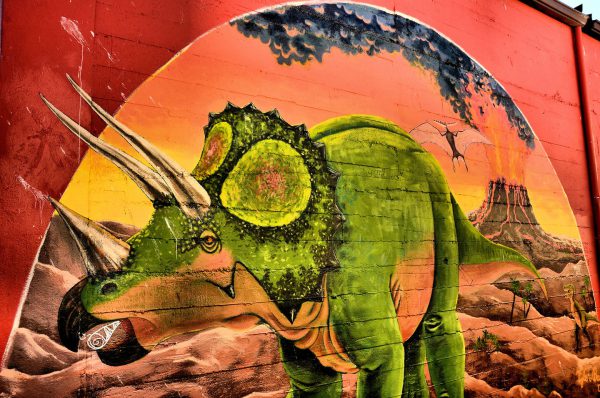 Triceratops Dinosaur and Flying Pterosaur Mural in Olympia, Washington - Encircle Photos